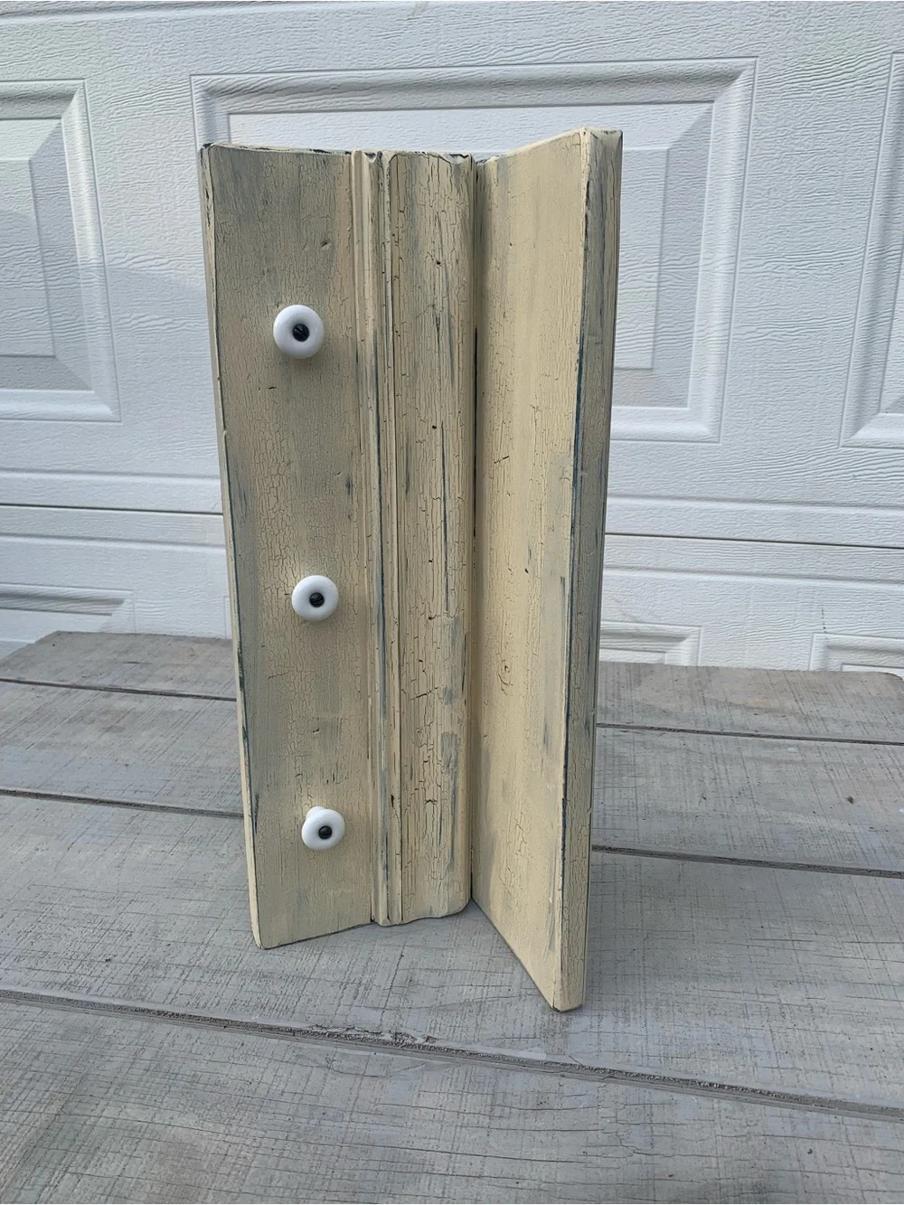 Vintage Farmhouse Wall Shelf with 3 Shaker Pegs Distressed White 17.5” Coat Rack